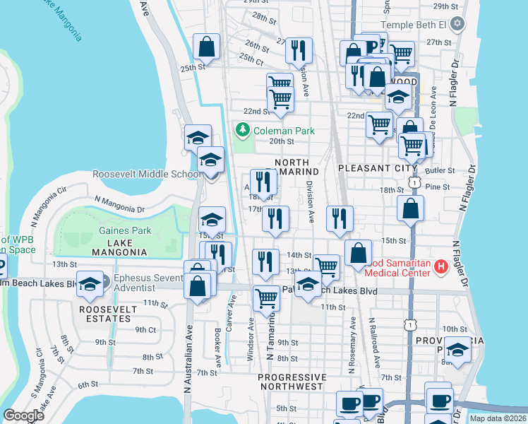 map of restaurants, bars, coffee shops, grocery stores, and more near 1030 17th Street in West Palm Beach