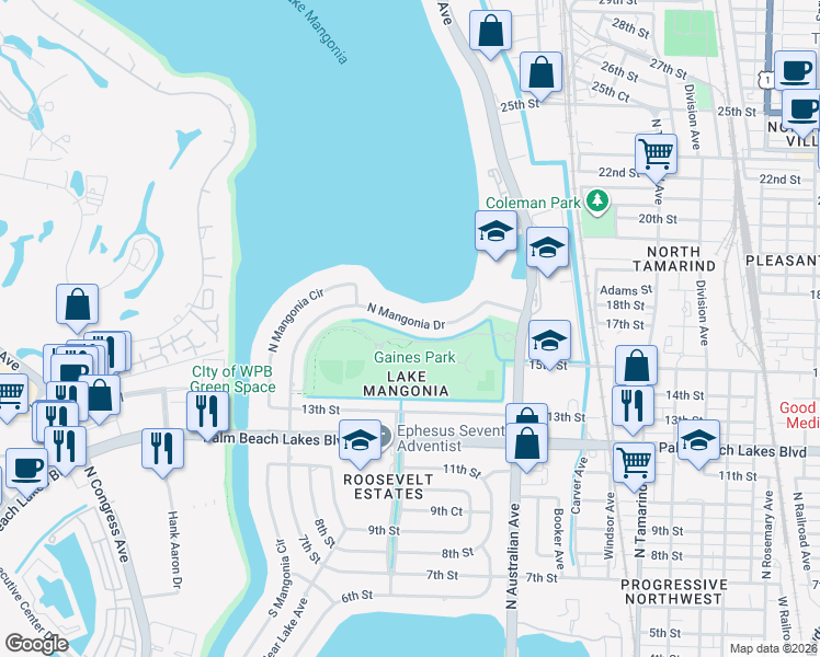 map of restaurants, bars, coffee shops, grocery stores, and more near 1402 North Mangonia Drive in West Palm Beach