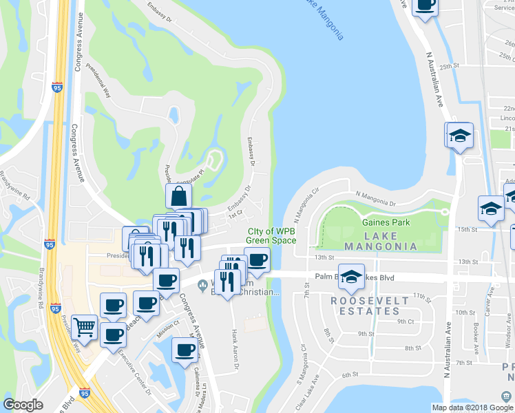 map of restaurants, bars, coffee shops, grocery stores, and more near 1800 Embassy Drive in West Palm Beach