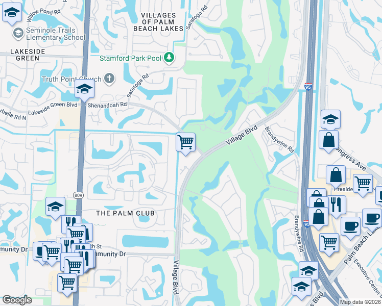 map of restaurants, bars, coffee shops, grocery stores, and more near 1743 Village Boulevard in West Palm Beach