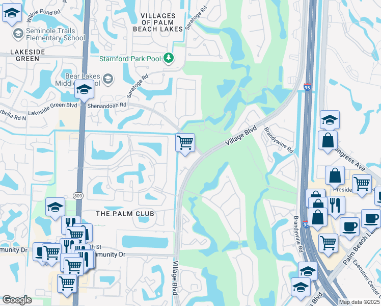 map of restaurants, bars, coffee shops, grocery stores, and more near 1743 Village Boulevard in West Palm Beach