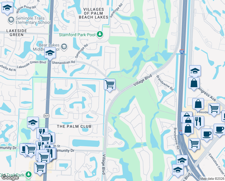 map of restaurants, bars, coffee shops, grocery stores, and more near 1743 Village Boulevard in West Palm Beach