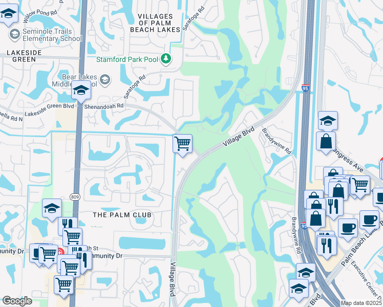 map of restaurants, bars, coffee shops, grocery stores, and more near 1739 Village Boulevard in West Palm Beach