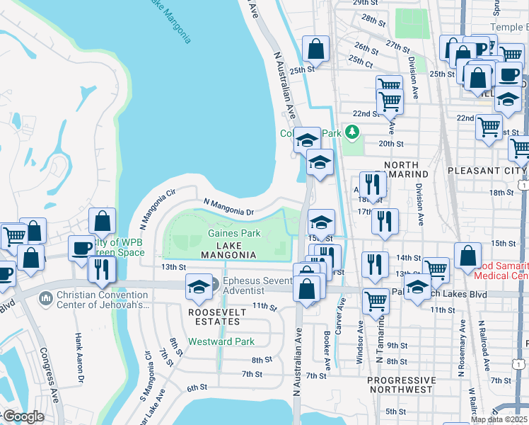 map of restaurants, bars, coffee shops, grocery stores, and more near 1344 North Mangonia Drive in West Palm Beach