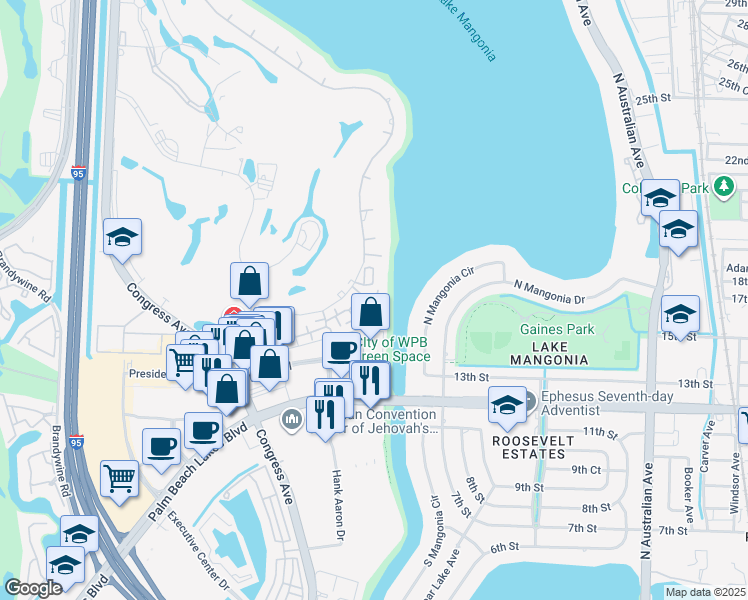 map of restaurants, bars, coffee shops, grocery stores, and more near 1800 Embassy Drive in West Palm Beach