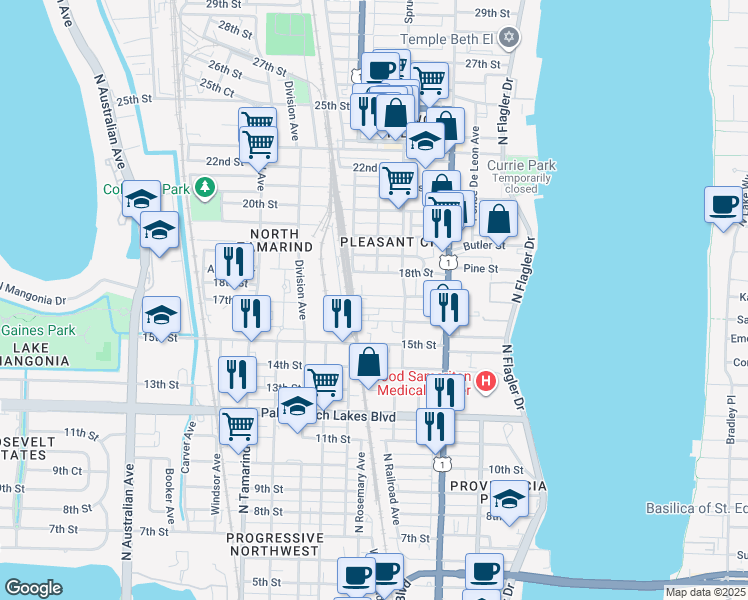 map of restaurants, bars, coffee shops, grocery stores, and more near 535 16th Street in West Palm Beach