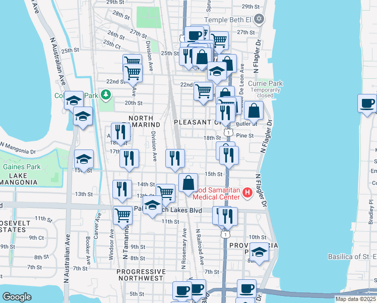map of restaurants, bars, coffee shops, grocery stores, and more near 535 16th Street in West Palm Beach