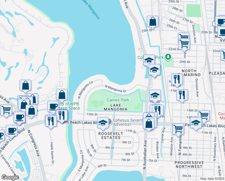 map of restaurants, bars, coffee shops, grocery stores, and more near 1402 North Mangonia Drive in West Palm Beach