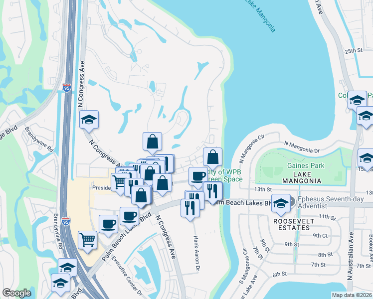 map of restaurants, bars, coffee shops, grocery stores, and more near 1723 Embassy Drive in West Palm Beach