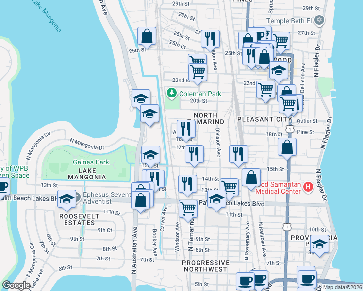 map of restaurants, bars, coffee shops, grocery stores, and more near 1030 17th Street in West Palm Beach
