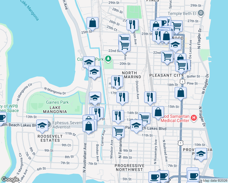 map of restaurants, bars, coffee shops, grocery stores, and more near 1037 17th Street in West Palm Beach