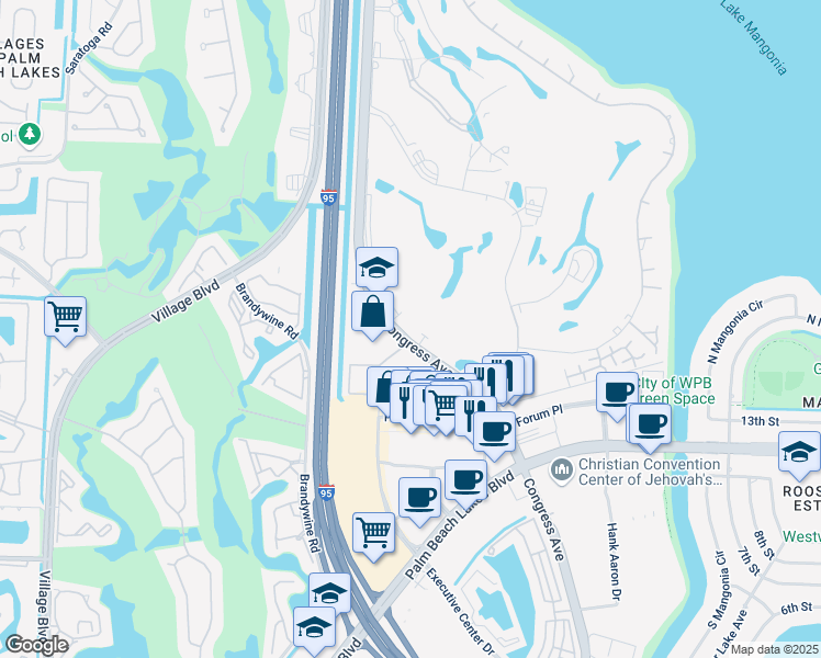 map of restaurants, bars, coffee shops, grocery stores, and more near 1645 North Congress Avenue in West Palm Beach
