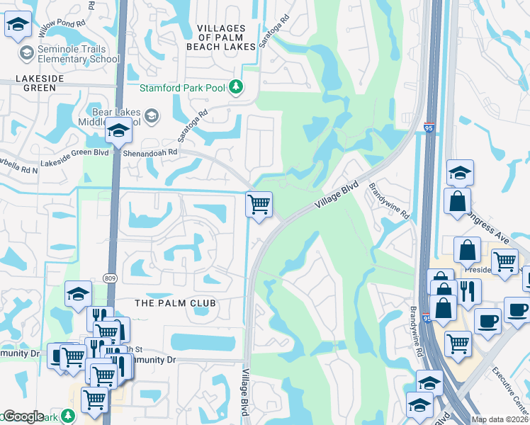 map of restaurants, bars, coffee shops, grocery stores, and more near 1749 Village Boulevard in West Palm Beach