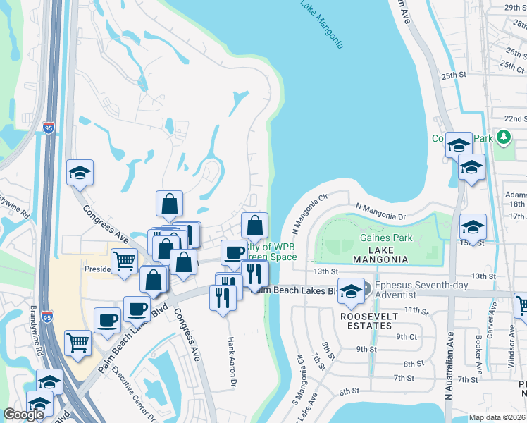 map of restaurants, bars, coffee shops, grocery stores, and more near 1800 Embassy Drive in West Palm Beach