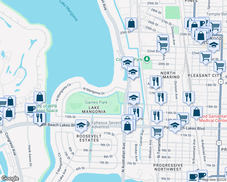 map of restaurants, bars, coffee shops, grocery stores, and more near 1344 North Mangonia Drive in West Palm Beach