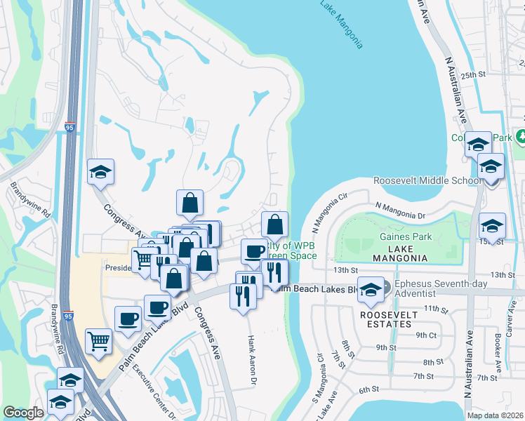 map of restaurants, bars, coffee shops, grocery stores, and more near 1800 Embassy Drive in West Palm Beach