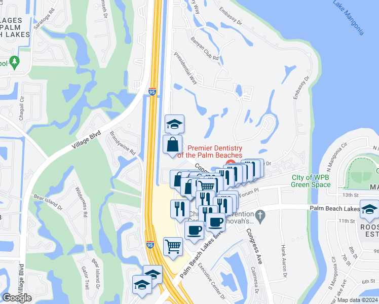map of restaurants, bars, coffee shops, grocery stores, and more near 1645 North Congress Avenue in West Palm Beach