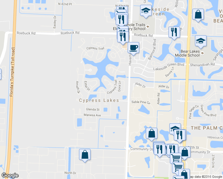 map of restaurants, bars, coffee shops, grocery stores, and more near 3484 Americo Drive in West Palm Beach