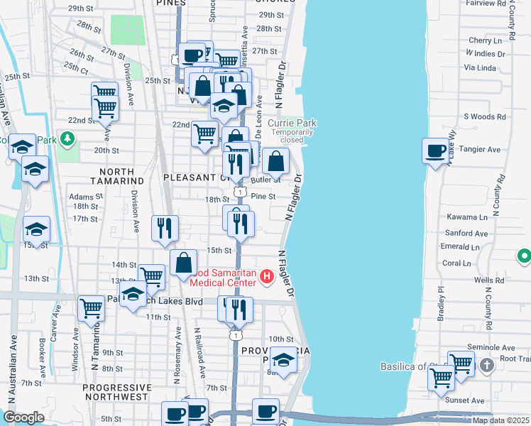 map of restaurants, bars, coffee shops, grocery stores, and more near 317 North Lakeside Court in West Palm Beach