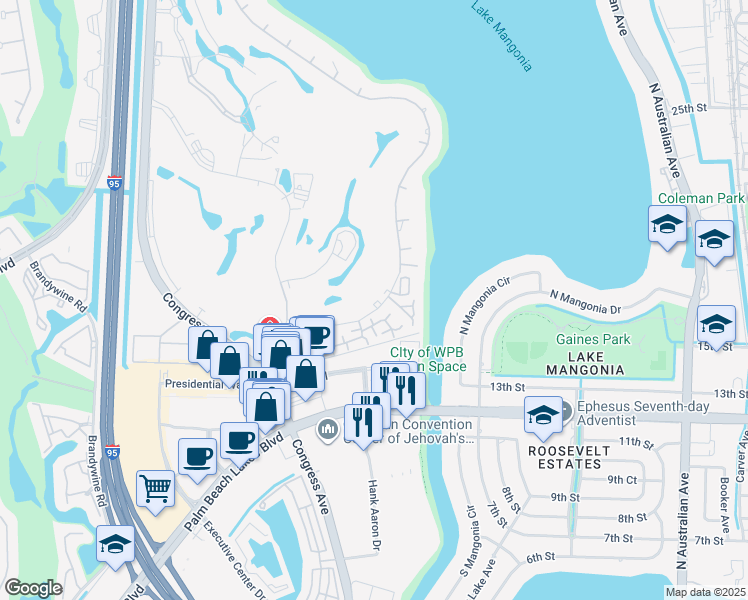 map of restaurants, bars, coffee shops, grocery stores, and more near 1807 Embassy Drive in West Palm Beach