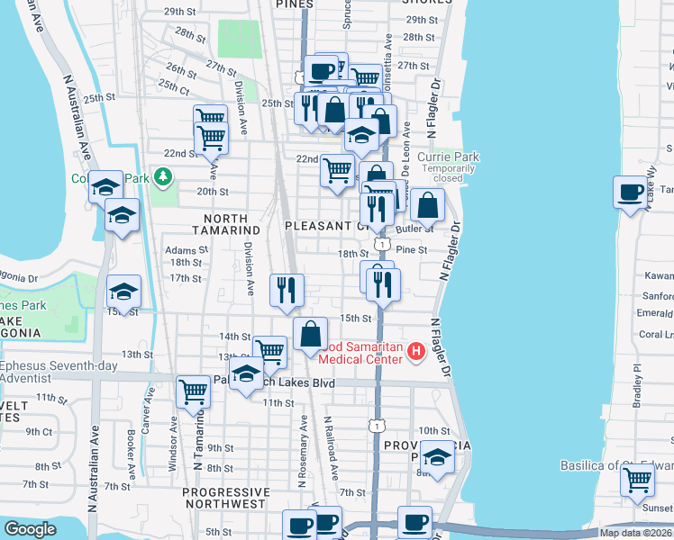 map of restaurants, bars, coffee shops, grocery stores, and more near 1901 Spruce Avenue in West Palm Beach