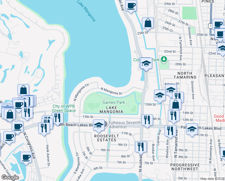 map of restaurants, bars, coffee shops, grocery stores, and more near 1409 North Mangonia Drive in West Palm Beach