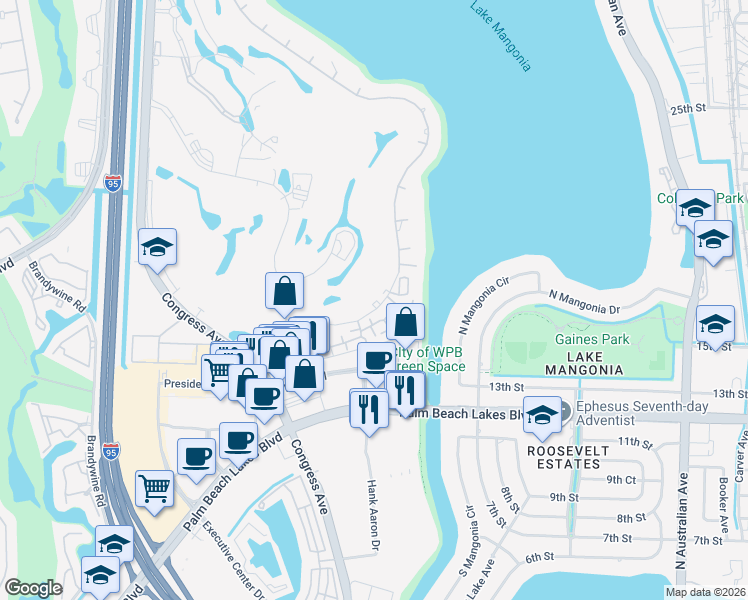 map of restaurants, bars, coffee shops, grocery stores, and more near 1807 Embassy Drive in West Palm Beach