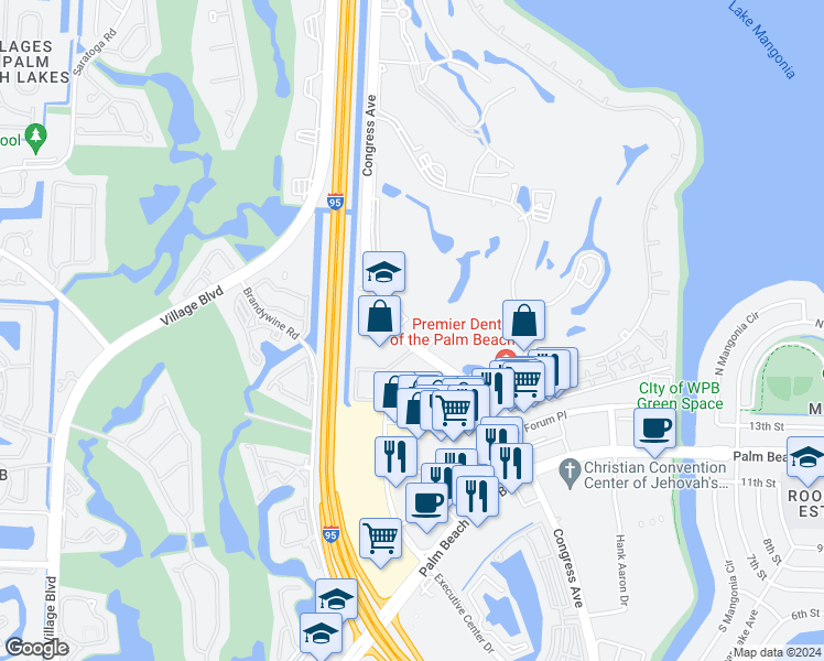 map of restaurants, bars, coffee shops, grocery stores, and more near 1720 North Congress Avenue in West Palm Beach