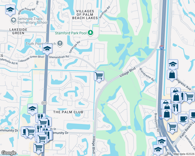 map of restaurants, bars, coffee shops, grocery stores, and more near 1755 Village Boulevard in West Palm Beach
