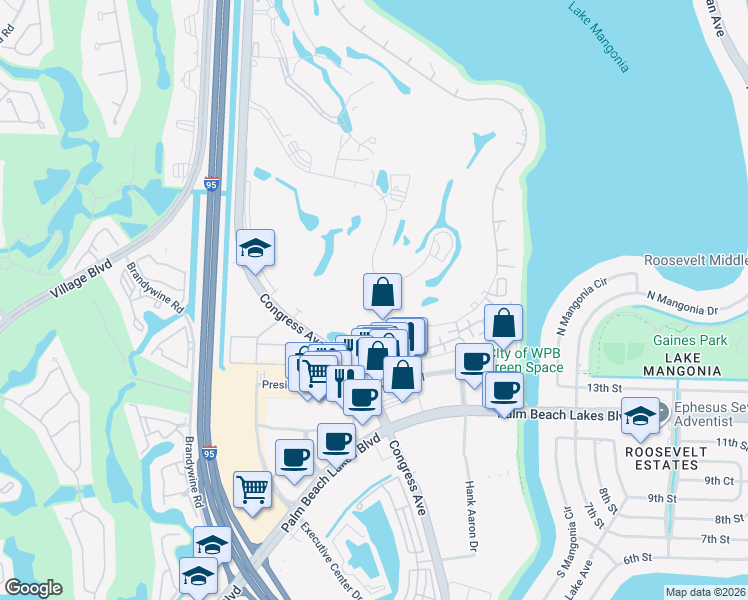 map of restaurants, bars, coffee shops, grocery stores, and more near 1814 Presidential Way in West Palm Beach