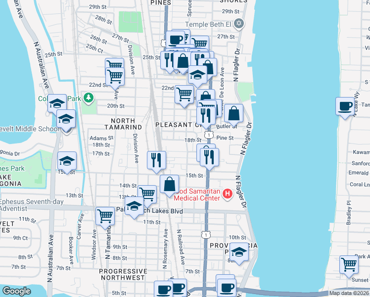 map of restaurants, bars, coffee shops, grocery stores, and more near 1901 Spruce Avenue in West Palm Beach