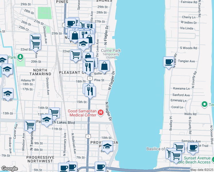 map of restaurants, bars, coffee shops, grocery stores, and more near 1901 North Flagler Drive in West Palm Beach