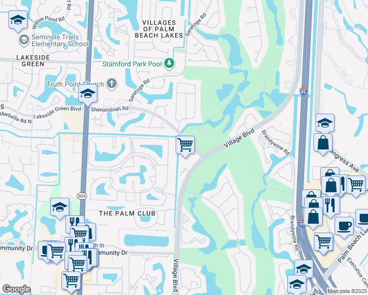 map of restaurants, bars, coffee shops, grocery stores, and more near 1755 Village Boulevard in West Palm Beach