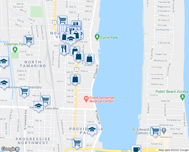 map of restaurants, bars, coffee shops, grocery stores, and more near 1901 North Flagler Drive in West Palm Beach
