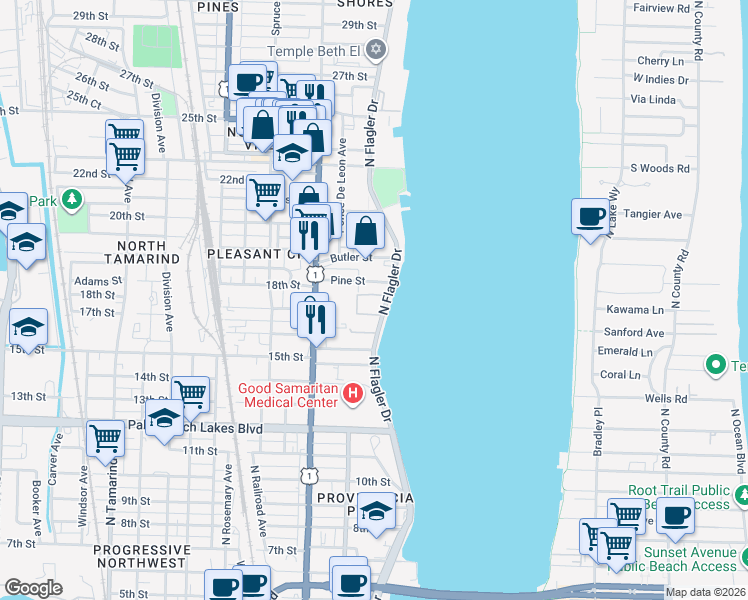 map of restaurants, bars, coffee shops, grocery stores, and more near 1901 North Flagler Drive in West Palm Beach