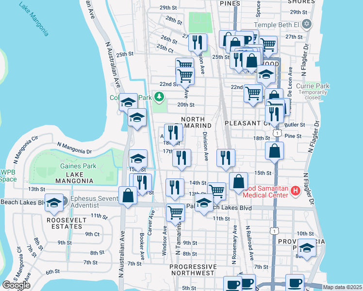 map of restaurants, bars, coffee shops, grocery stores, and more near 6 North Tamarind Avenue in West Palm Beach