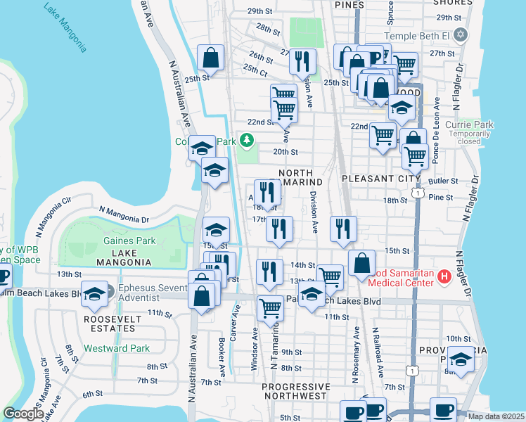 map of restaurants, bars, coffee shops, grocery stores, and more near 1032 Adams Street in West Palm Beach