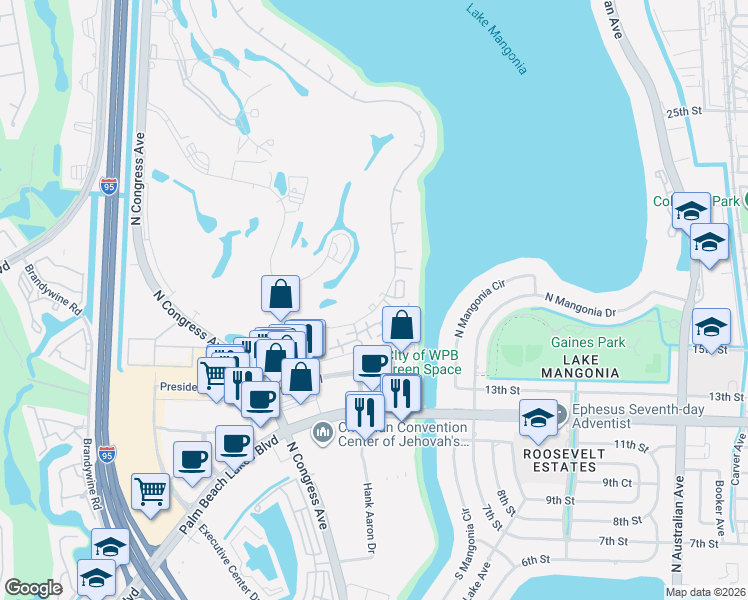 map of restaurants, bars, coffee shops, grocery stores, and more near 1807 Embassy Drive in West Palm Beach
