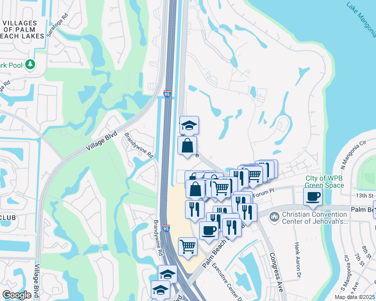 map of restaurants, bars, coffee shops, grocery stores, and more near 1881 North Congress Avenue in West Palm Beach