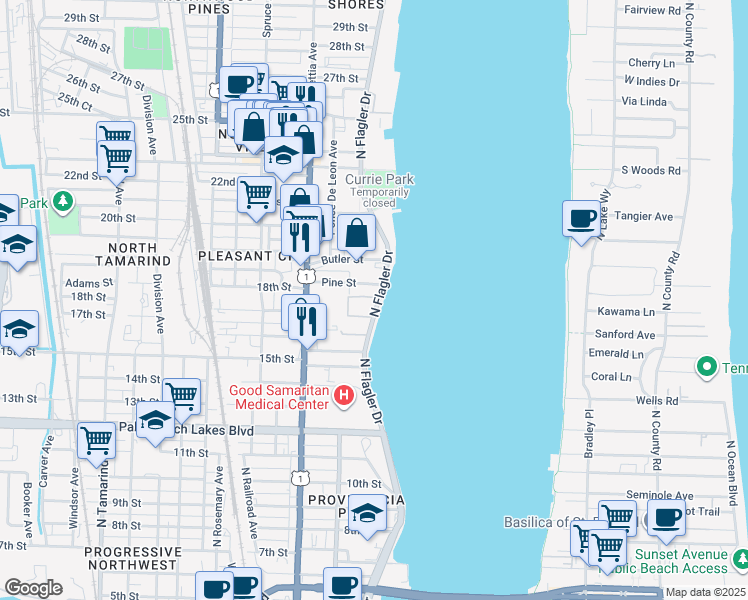 map of restaurants, bars, coffee shops, grocery stores, and more near 1805 North Flagler Drive in West Palm Beach