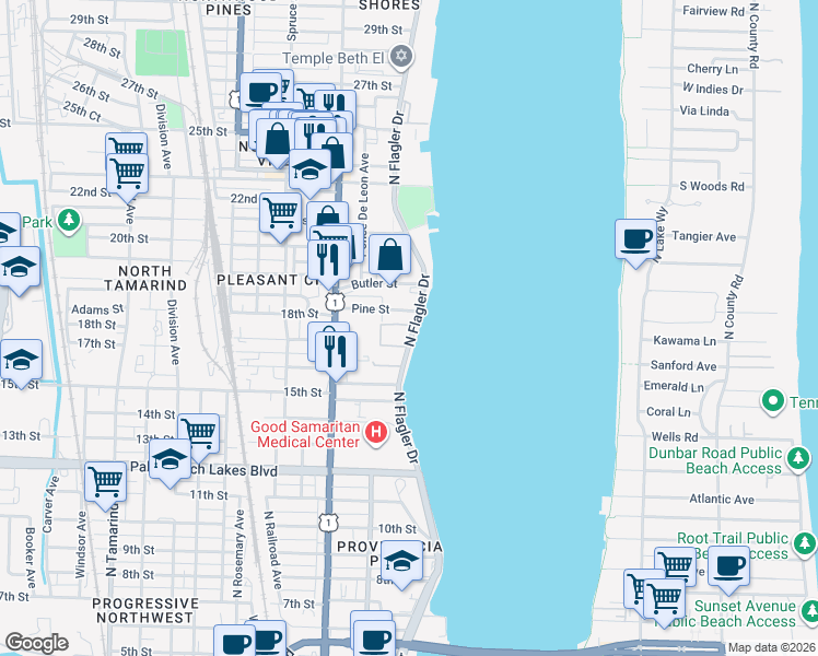 map of restaurants, bars, coffee shops, grocery stores, and more near 1803 North Flagler Drive in West Palm Beach