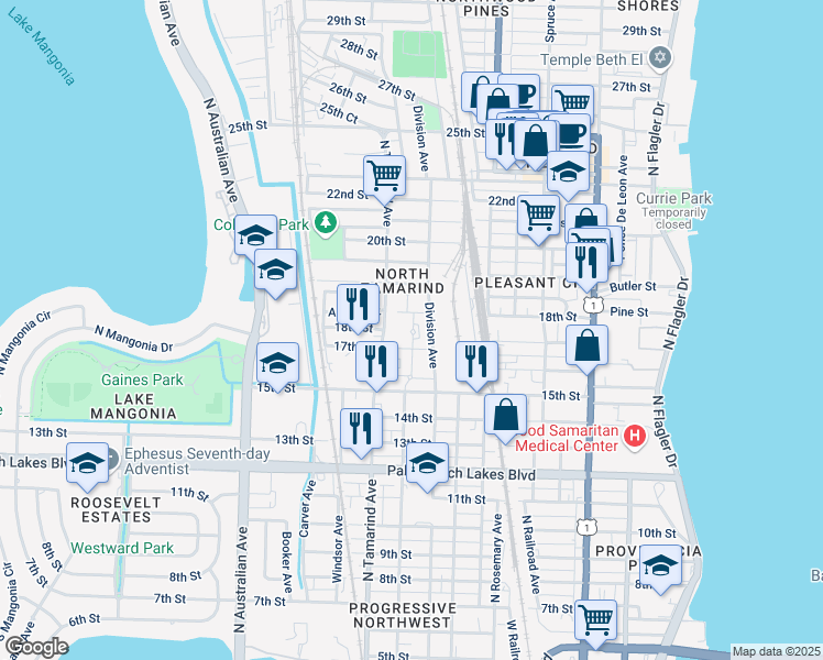 map of restaurants, bars, coffee shops, grocery stores, and more near 1855 Division Avenue in West Palm Beach