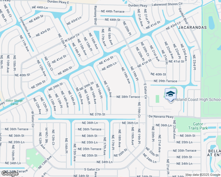 map of restaurants, bars, coffee shops, grocery stores, and more near 3833 Northeast 17th Avenue in Cape Coral
