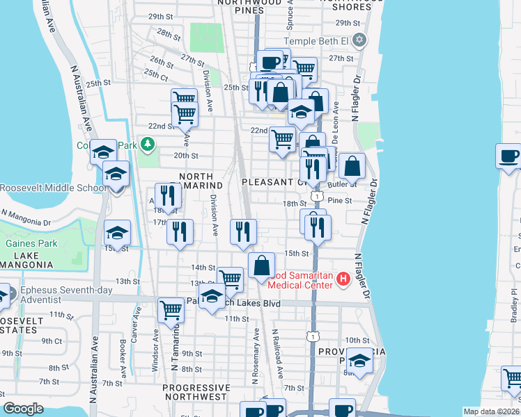 map of restaurants, bars, coffee shops, grocery stores, and more near 531 18th Street in West Palm Beach
