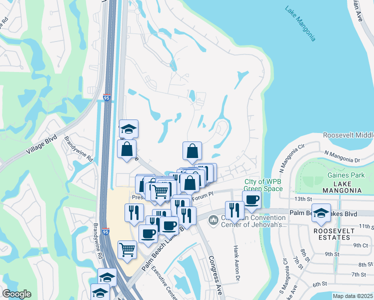 map of restaurants, bars, coffee shops, grocery stores, and more near 1801 Presidential Way in West Palm Beach