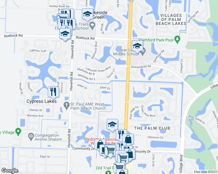 map of restaurants, bars, coffee shops, grocery stores, and more near 3652 Alder Drive in West Palm Beach