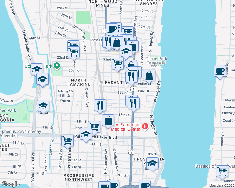map of restaurants, bars, coffee shops, grocery stores, and more near 1901 Spruce Avenue in West Palm Beach