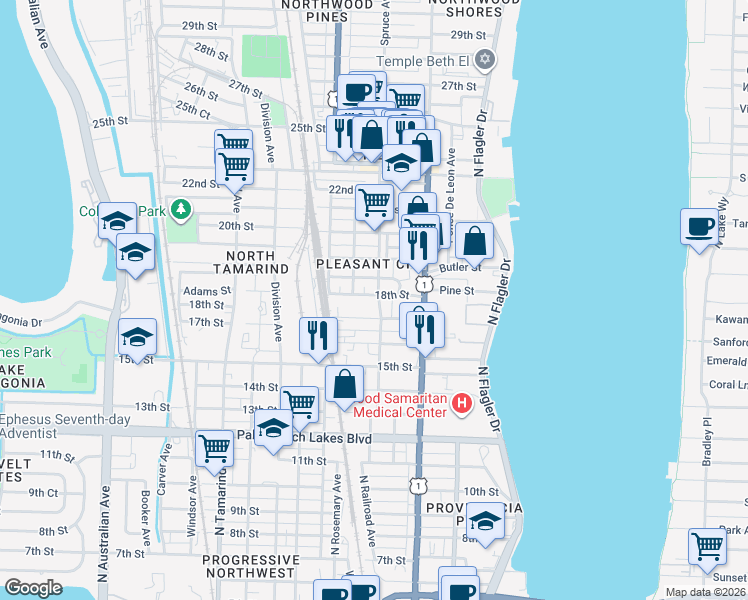 map of restaurants, bars, coffee shops, grocery stores, and more near 1901 Spruce Avenue in West Palm Beach