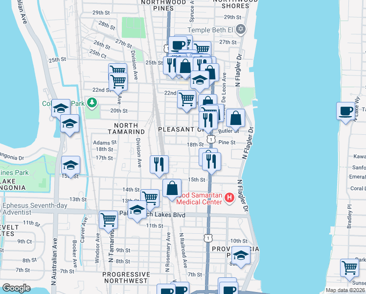 map of restaurants, bars, coffee shops, grocery stores, and more near 1901 Spruce Avenue in West Palm Beach