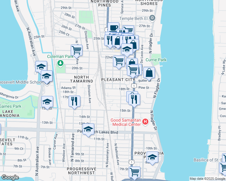 map of restaurants, bars, coffee shops, grocery stores, and more near 531 18th Street in West Palm Beach